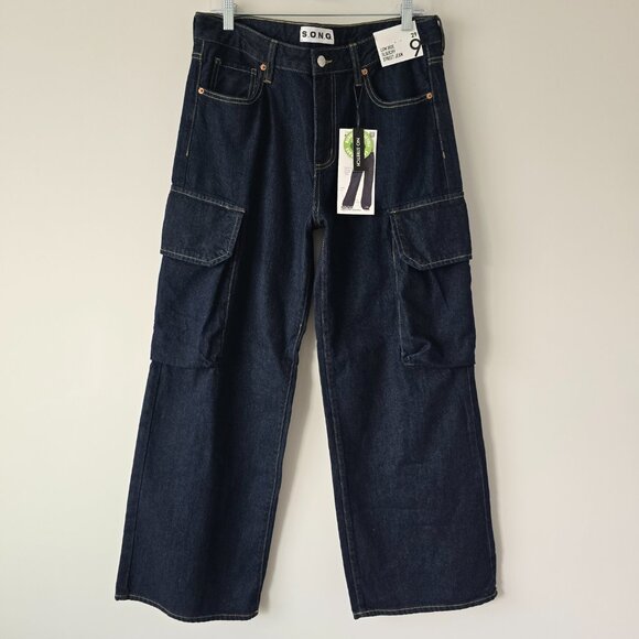 NWT S.O.N.G. Wide Leg Baggy Cargo Jeans 29 Dark Wash Y2K - Picture 1 of 8